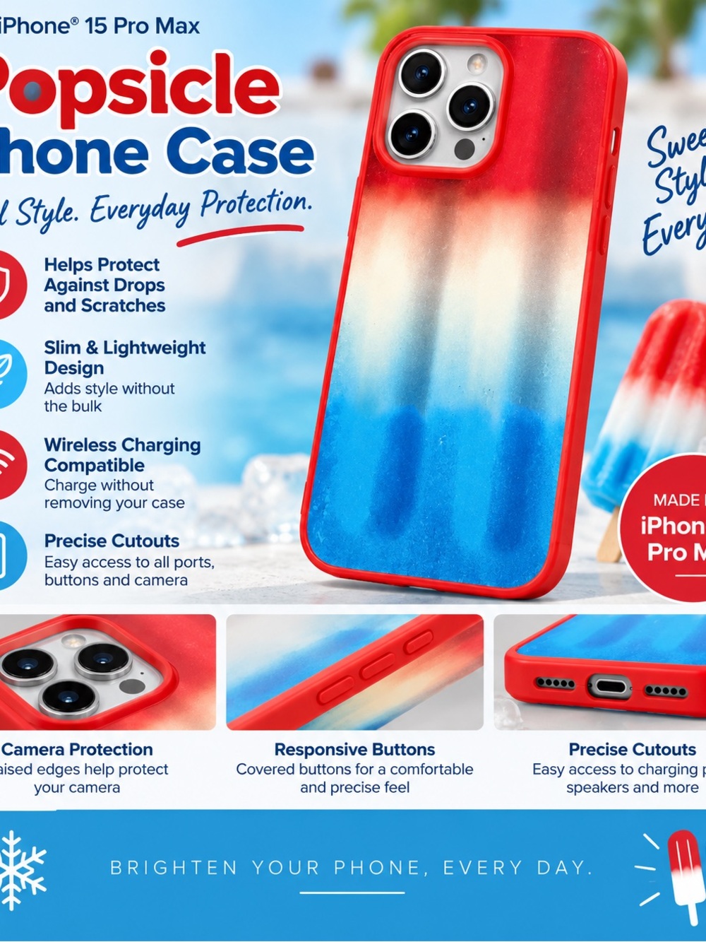 Popsicle Gradient Phone Case for iPhone 15 Pro Max - Red/White/Blue